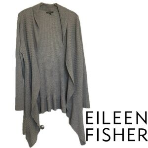 EILEEN FISHER Washable Wool Diagonal Flutter Open Cardigan Smoke Grey Size XL